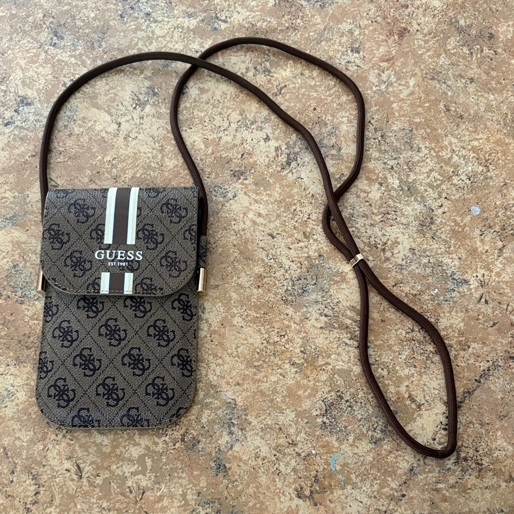 Guess Brown Patterned phone crossbody pouch